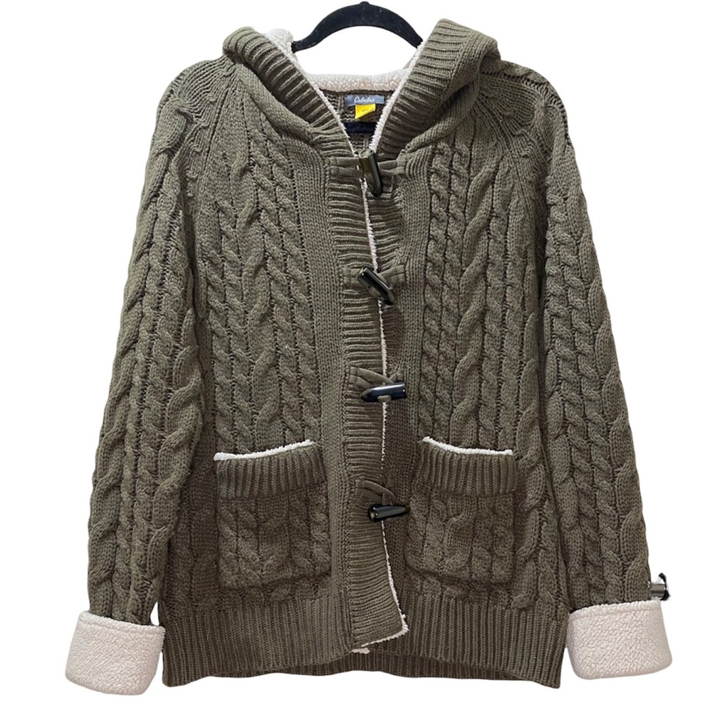 Cabela's Deer Lodge Cable Knit Sherpa Hooded Sweater Olive Green